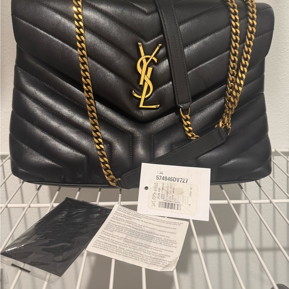 Yves Saint Laurent Black Chevron Shoulder Bag with Gold Chain